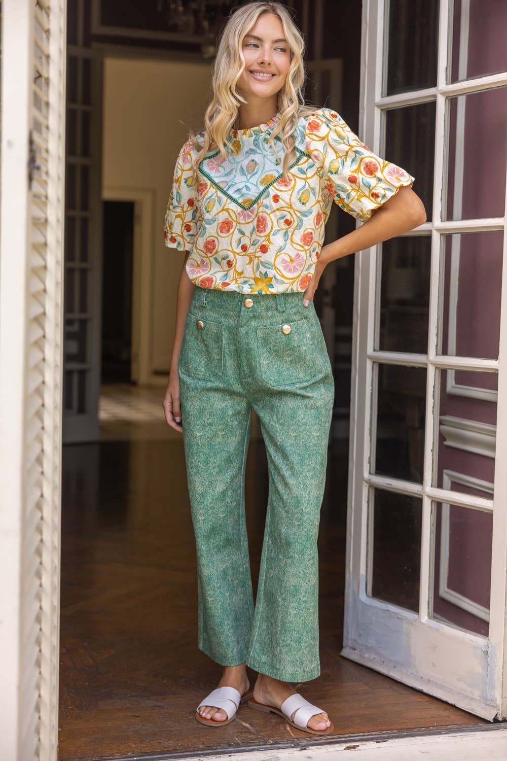 VOY - 36857 Gold Button Double Pocket Straight Leg Pants
