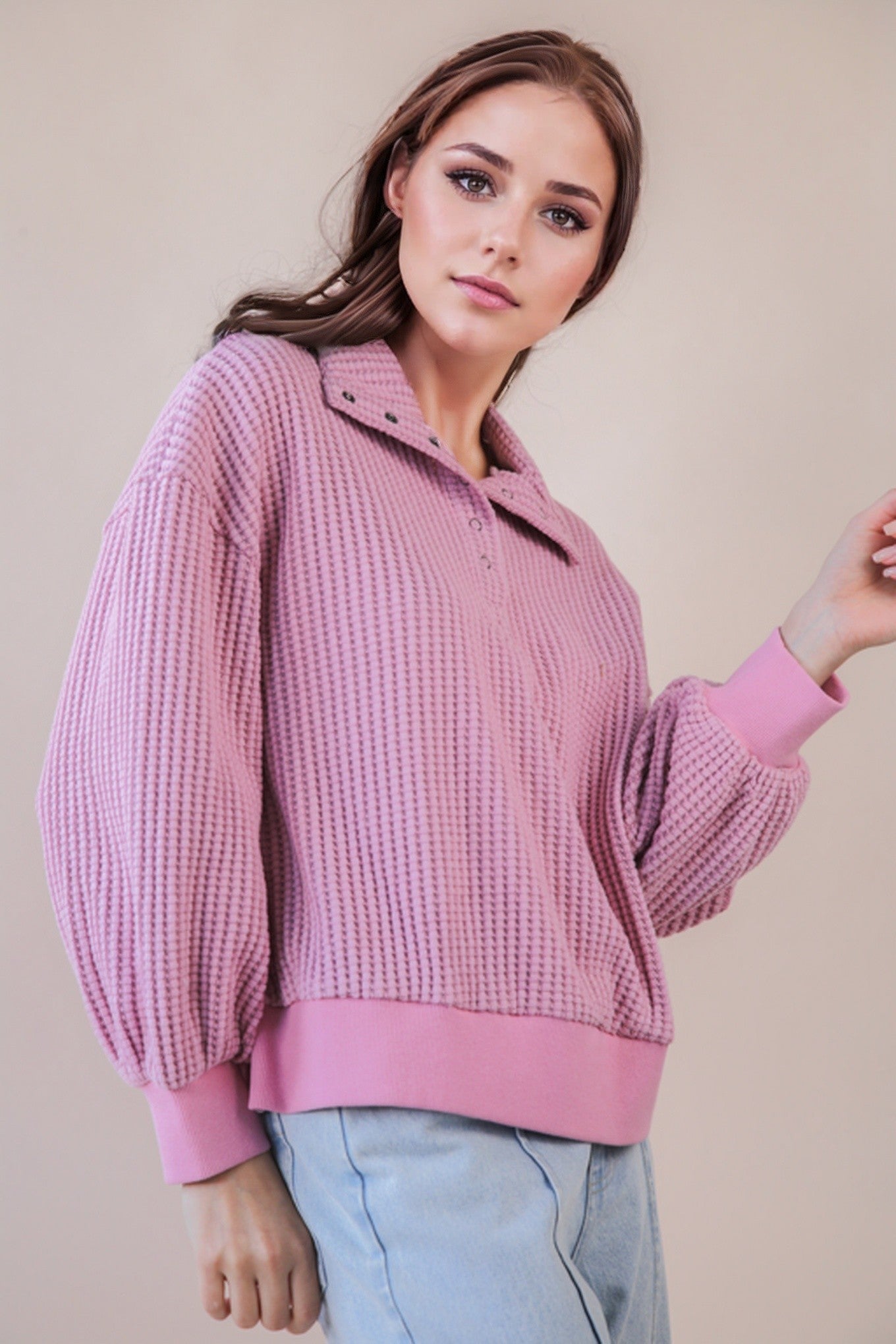 Oversized Half Button-Down Casual Waffle Knit Top
