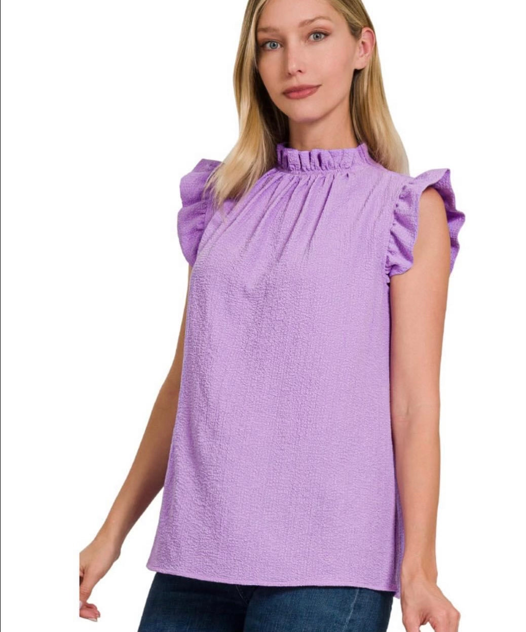 Woven Bubble Airflow Mock Neck Top