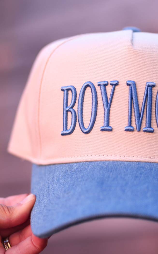 Boy Mom 3D Embroidery Trucker Hat - Natural/Denim
