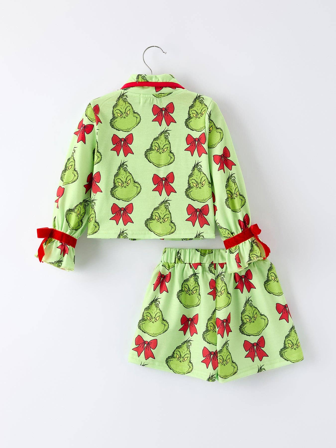 Girls Grinch Christmas Pajama Set with Bow Print – Festive Holiday Sleepwear