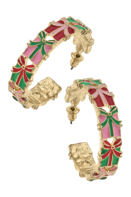 Gift Wrap Enamel Present Hoop Earrings in Pink/Green/Red