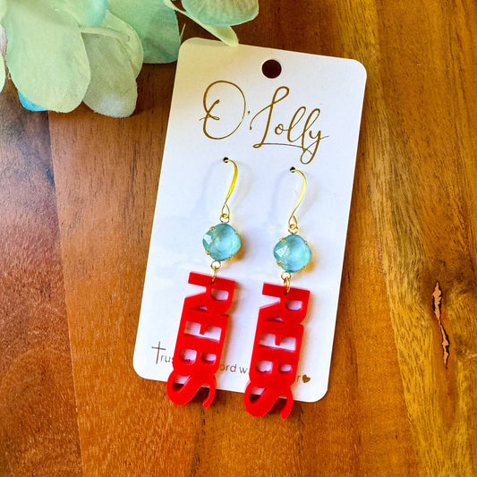 O’Lolly Jewelry - “REBS”- Red Acrylic REBS with Blue 10mm Stone Earrings