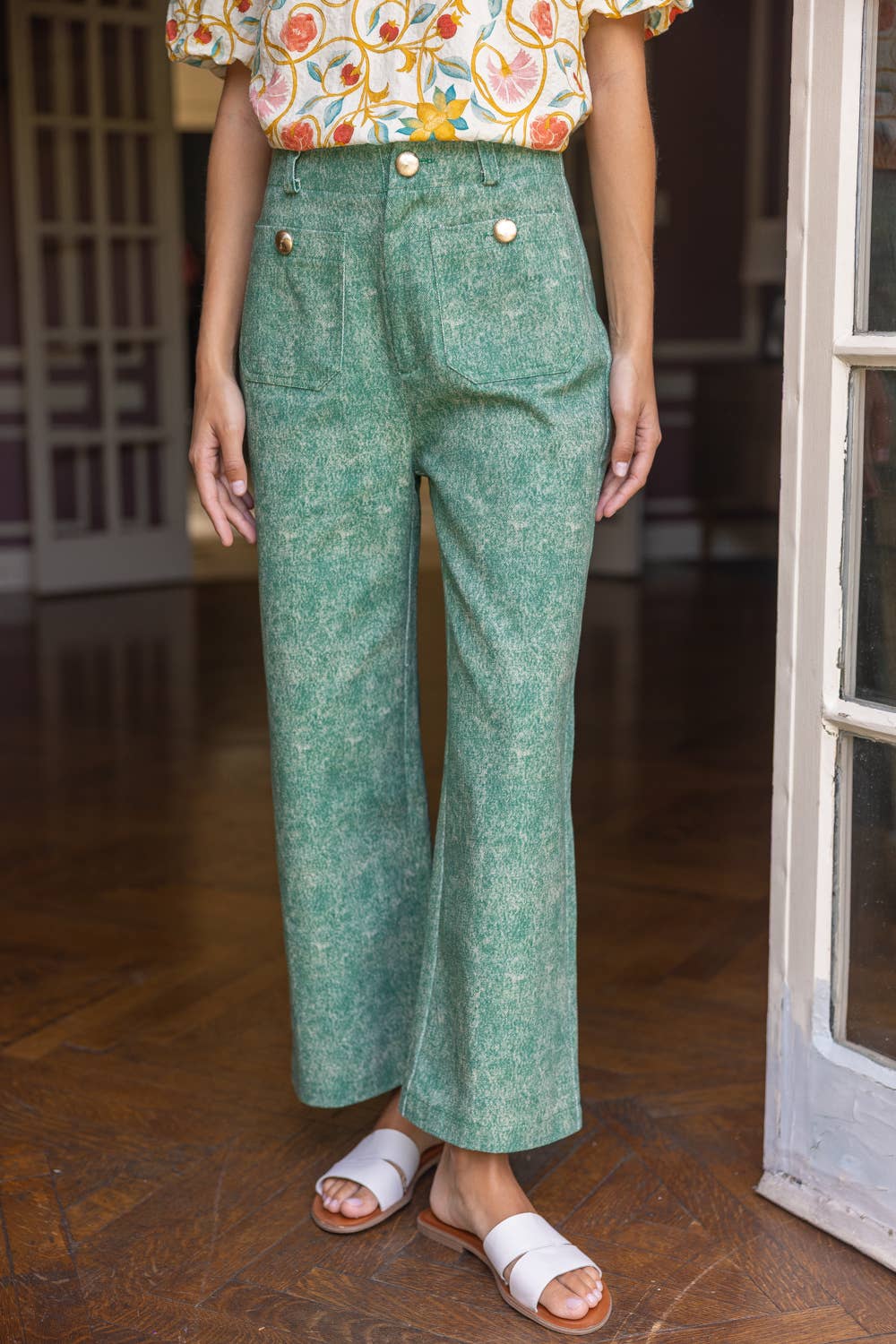 VOY - 36857 Gold Button Double Pocket Straight Leg Pants