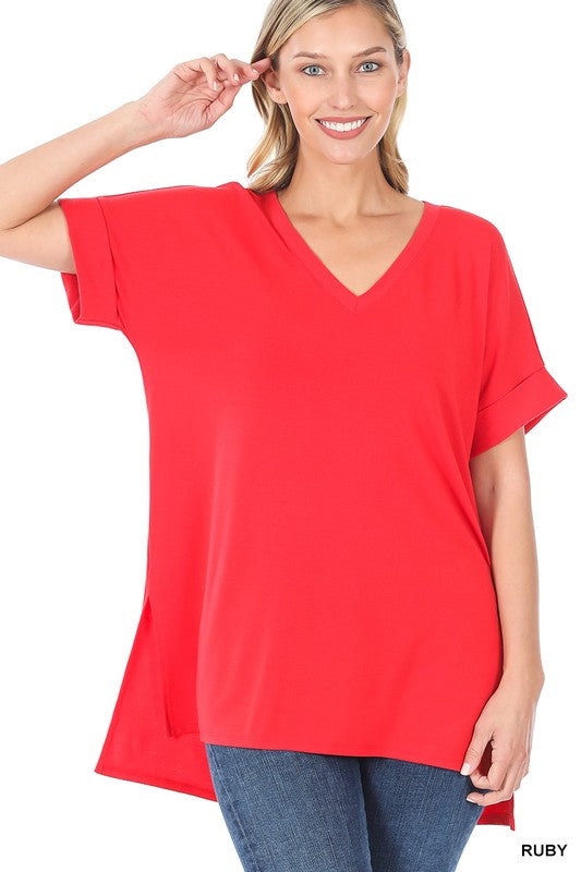 ROLLED SHORT SLEEVE V-NECK TOP WITH SIDE SLIT HIGH-LOW HEM
TOTAL BODY LENGTH: 28"(FRONT), BUST: 43" approx.
- MEASURED FROM SMALL
* COLOR MAY VARY SLIGHTLY DUE TO MONITOR RESOLUTION
Fabric Contents:
Made in:
L