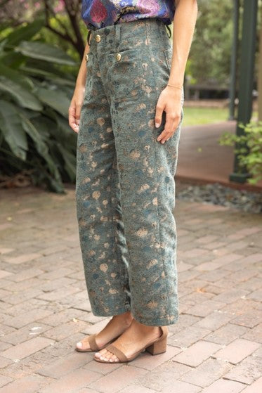 Gold Button Abstract Velvet Jaquard Wide Leg Pants