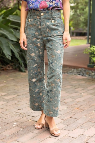 Gold Button Abstract Velvet Jaquard Wide Leg Pants