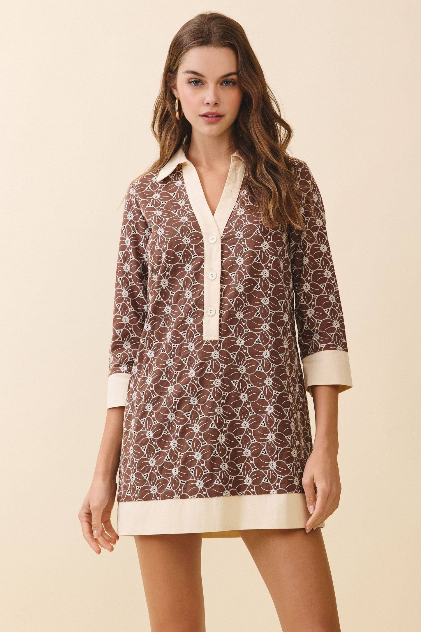 Floral Print Contrast Collar and Hem Tunic Dress