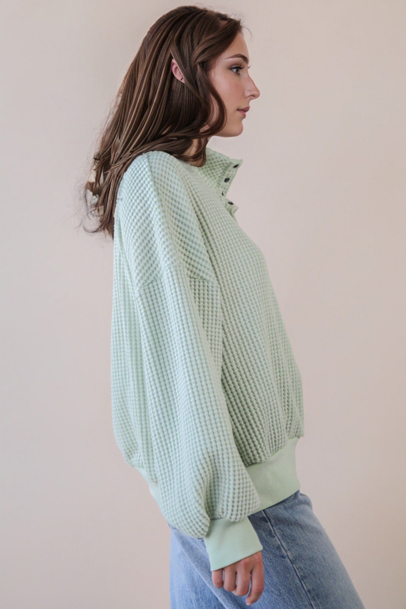 Oversized Half Button-Down Casual Waffle Knit Top