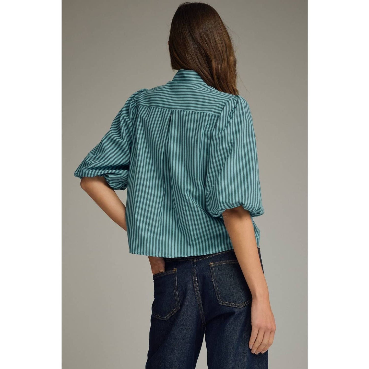 Stripe self-tie neck short puff sleeve top