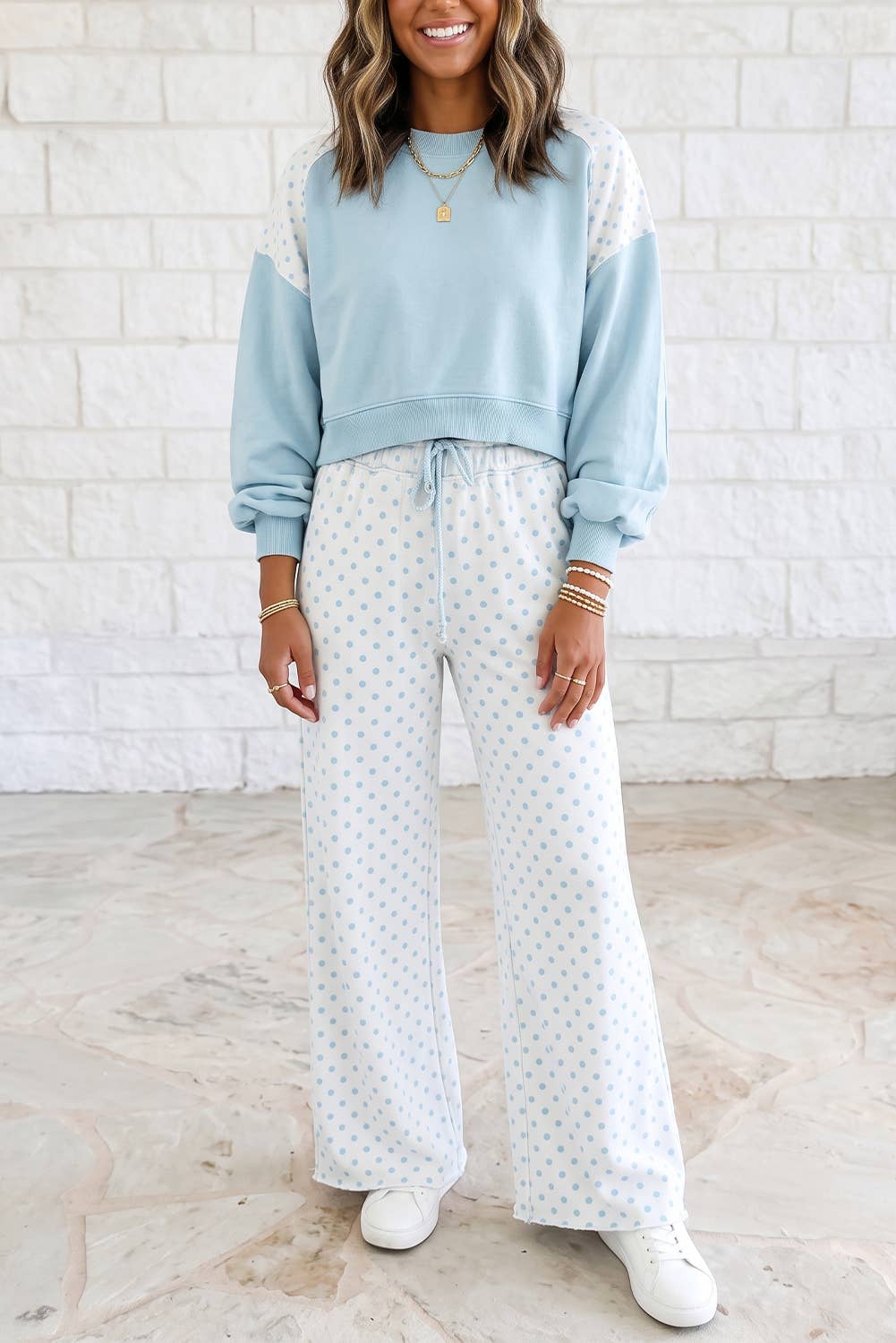 Women's Polka Dot Patchwork Two-Piece Set – Long Sleeve Top & Matching Pants