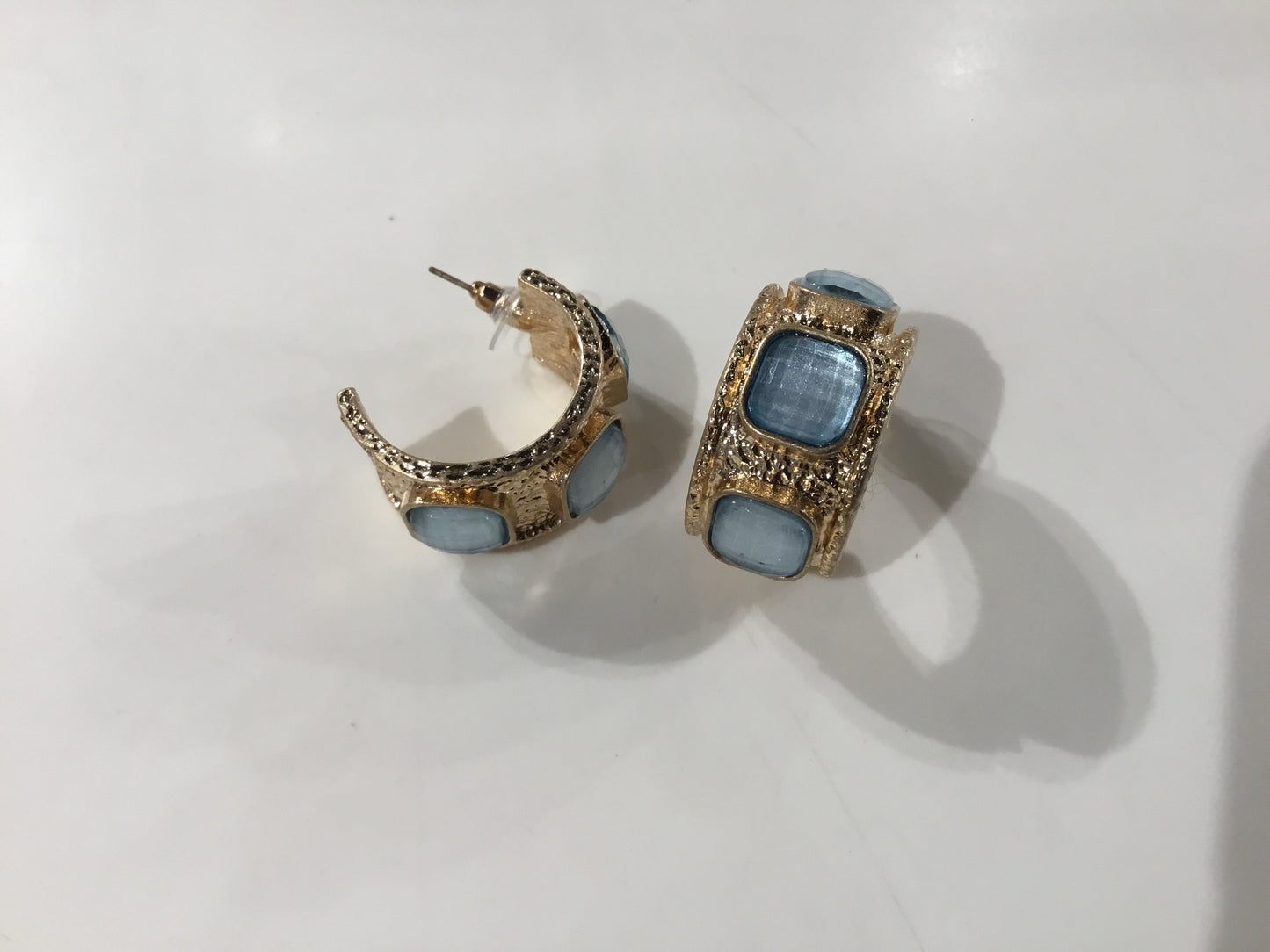 Gold Hoop Earrings with Blue Stones