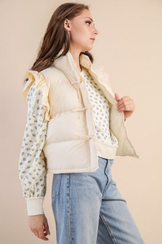 Front Bow Ruffle Sleeve Puffer Vest