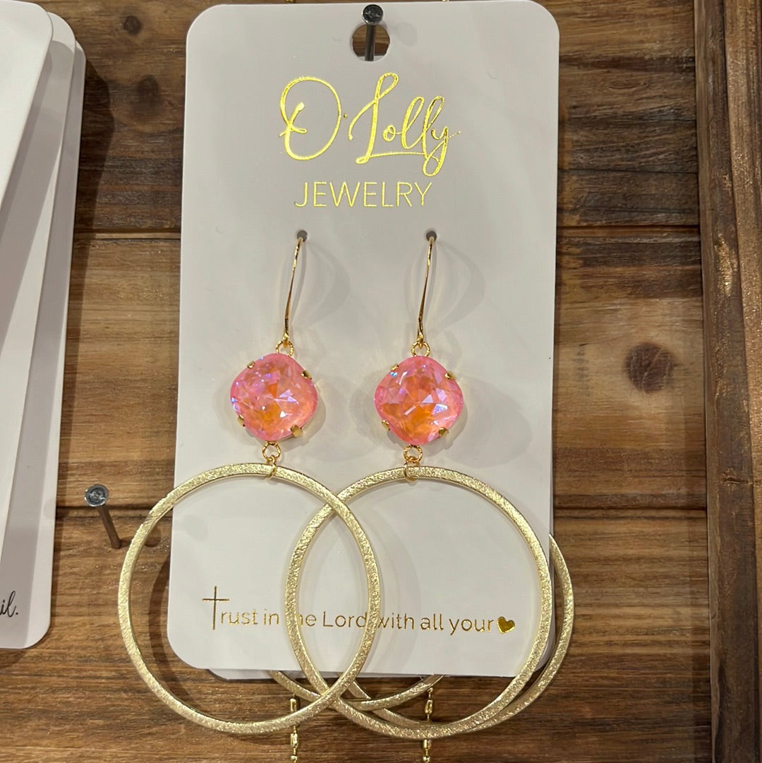 O’Lolly “Paris” Earrings - Pink Stone w/ Gold Hoop