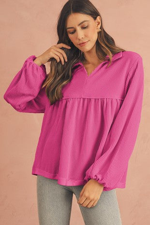 Texture V-Neck Bubble Sleeve Flowy Blouse