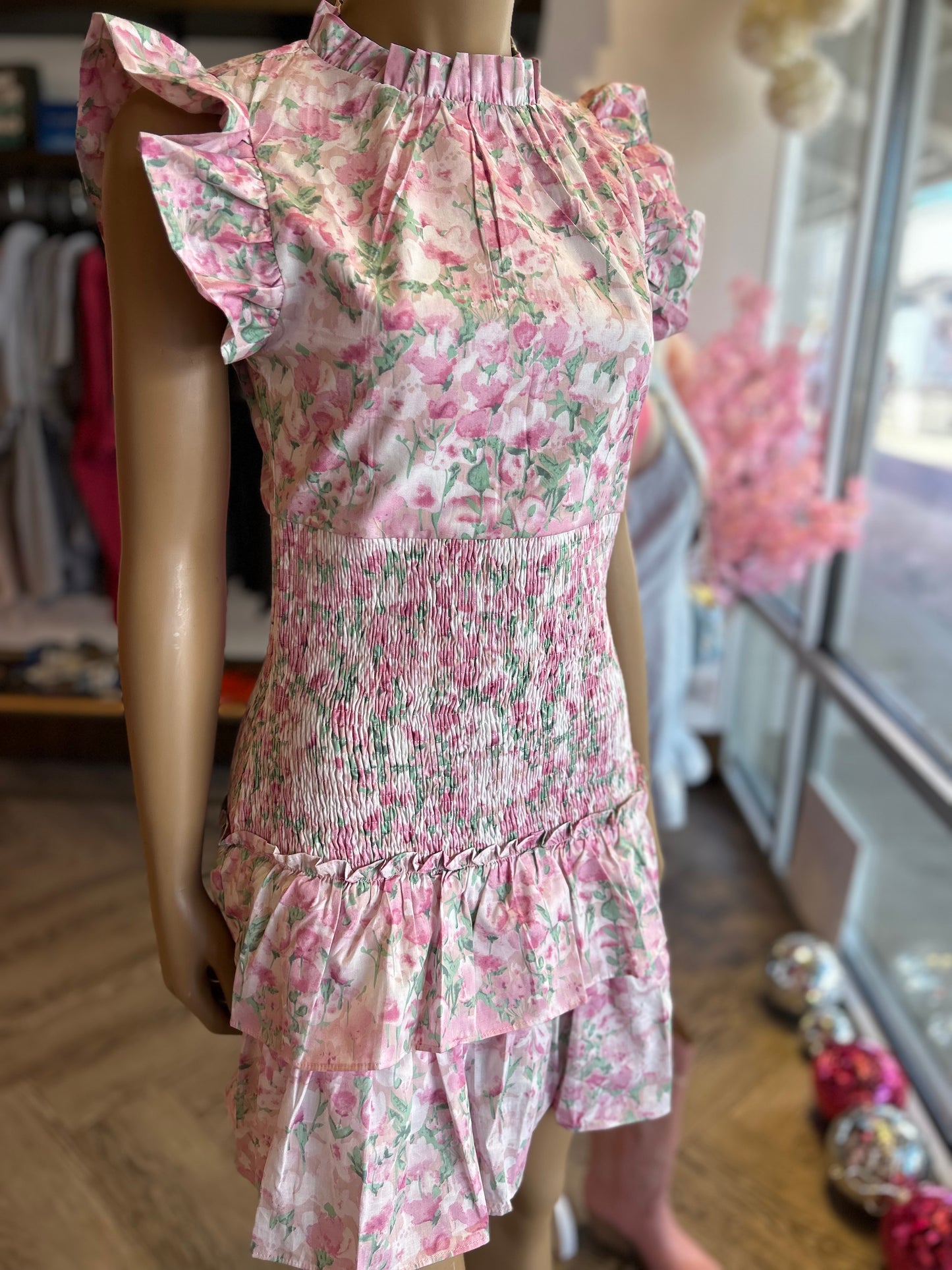 Pink Floral Print Smocked Dress