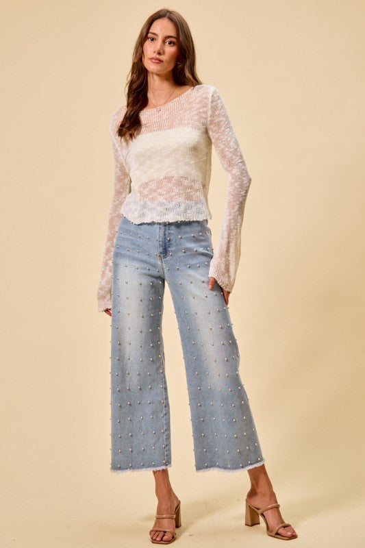 Stretch Studed Denim Mid Rise Wide Leg Jeans Pants