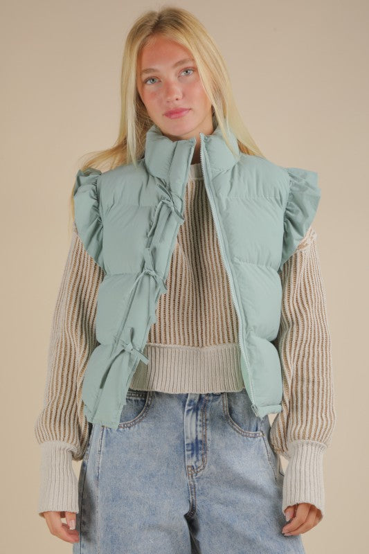 Front Bow Ruffle Sleeve Puffer Vest