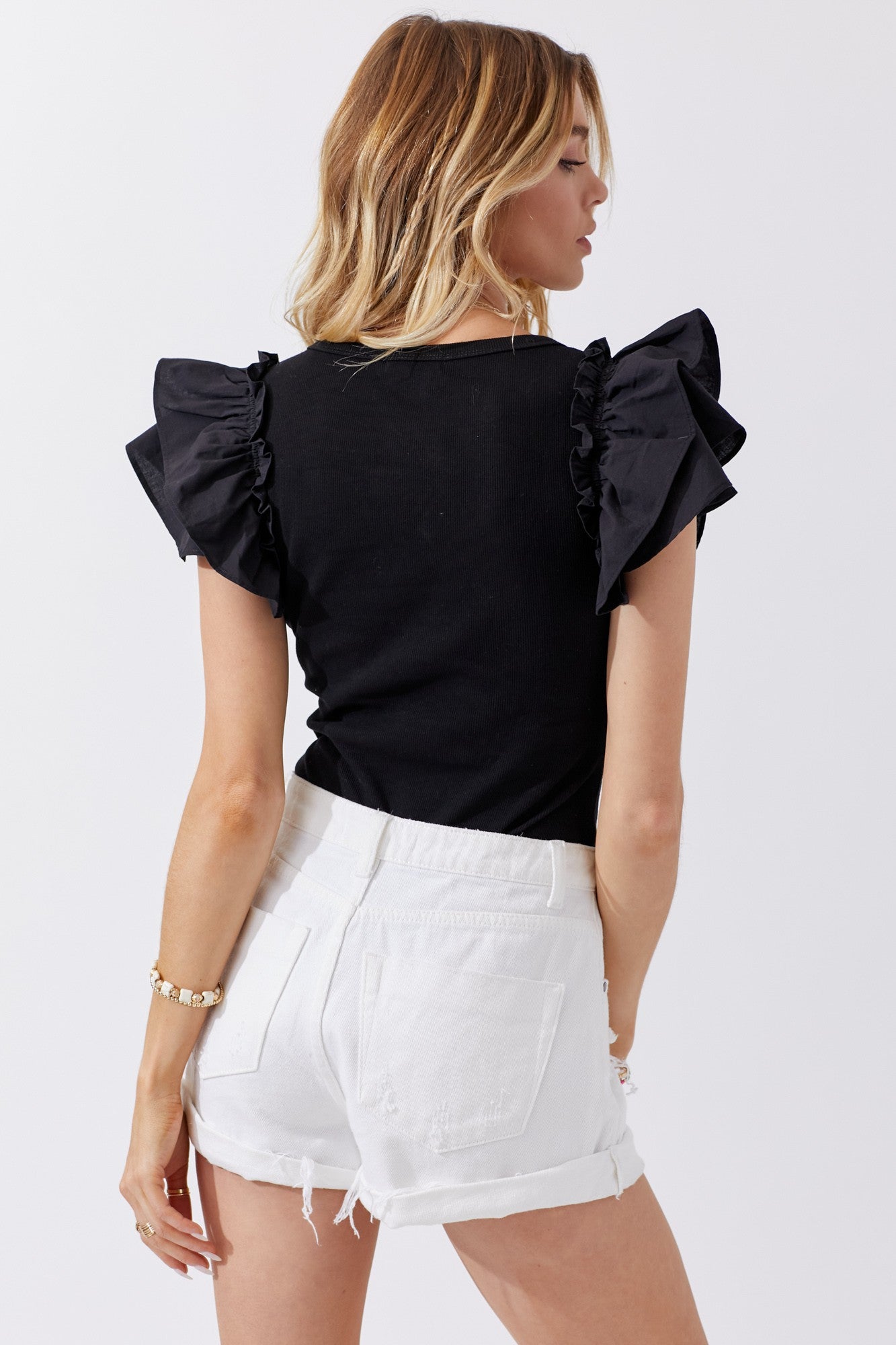 RUFFLE SLEEVE V-NECK BODYSUIT