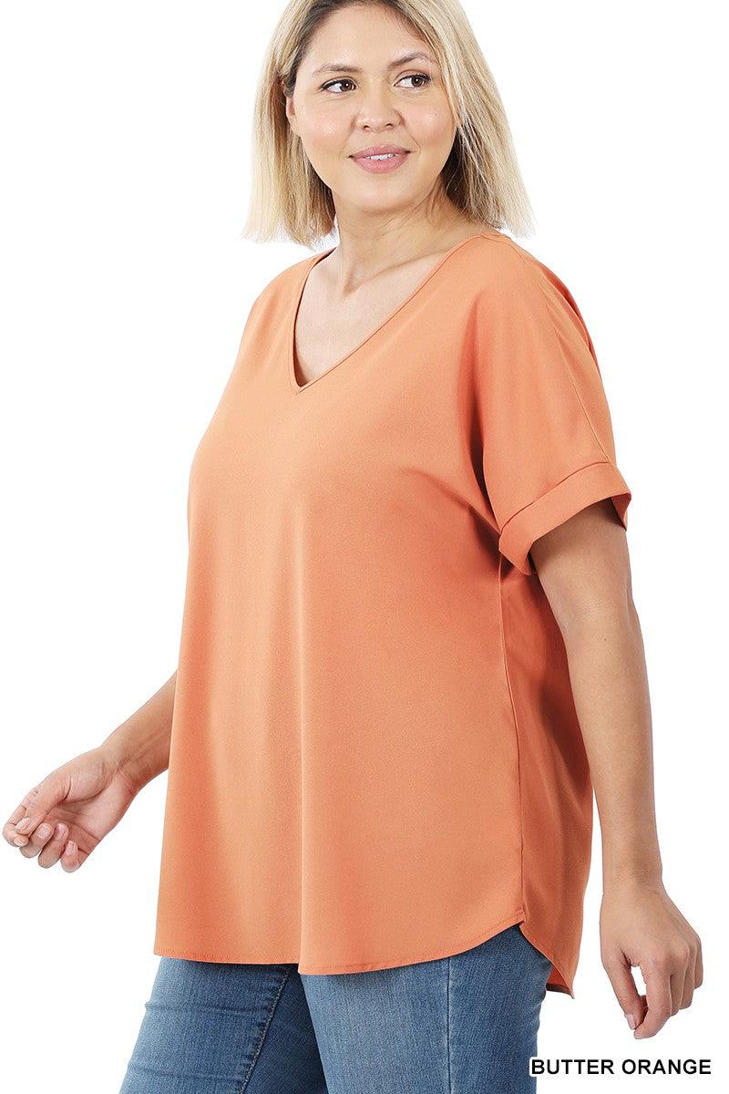 PLUS WOVEN HEAVY DOBBY ROLLED SLEEVE V-NECK TOP