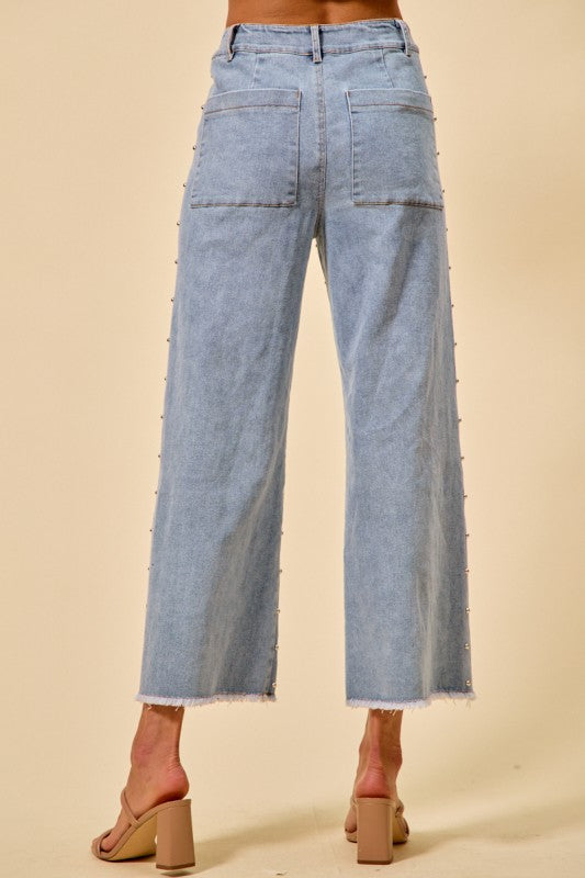 Stretch Studed Denim Mid Rise Wide Leg Jeans Pants