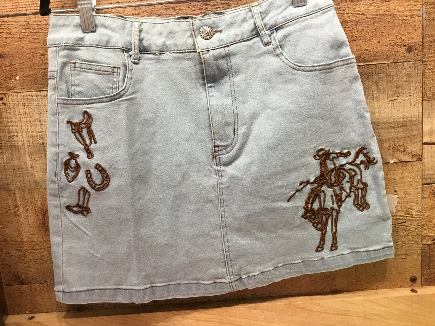 Light Wash Cowboy Embroidered Western Denim Mini Skirt