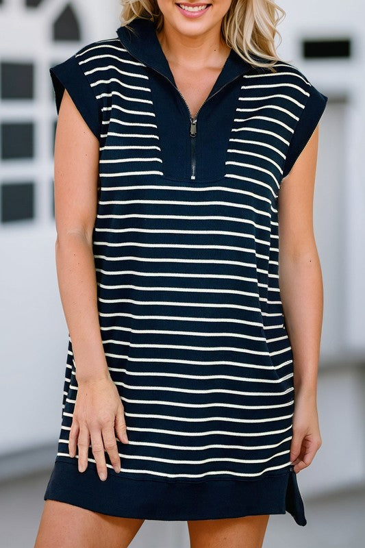 Striped Quarter Zip Collared Cap Sleeve Mini Dress