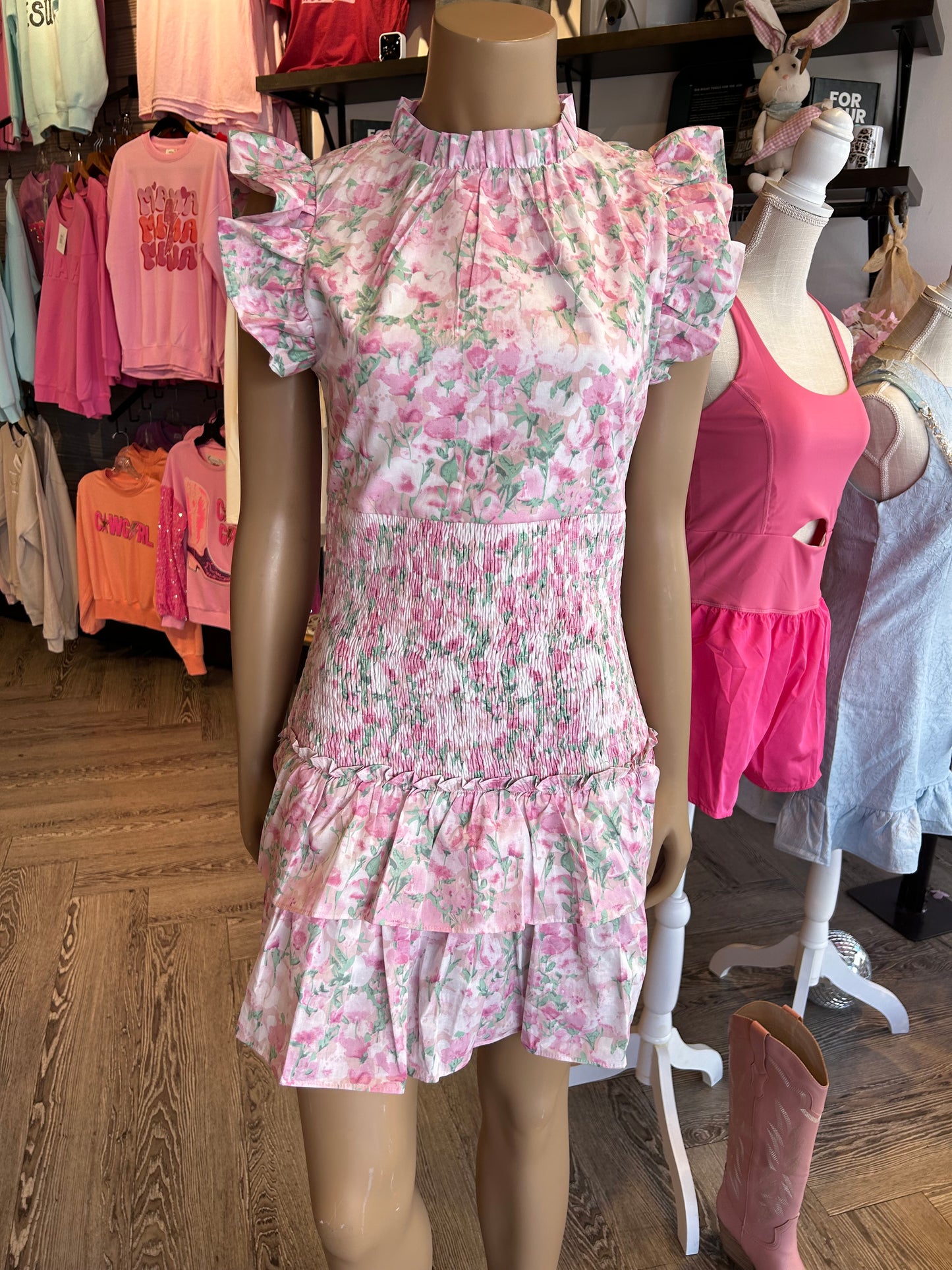 Pink Floral Print Smocked Dress