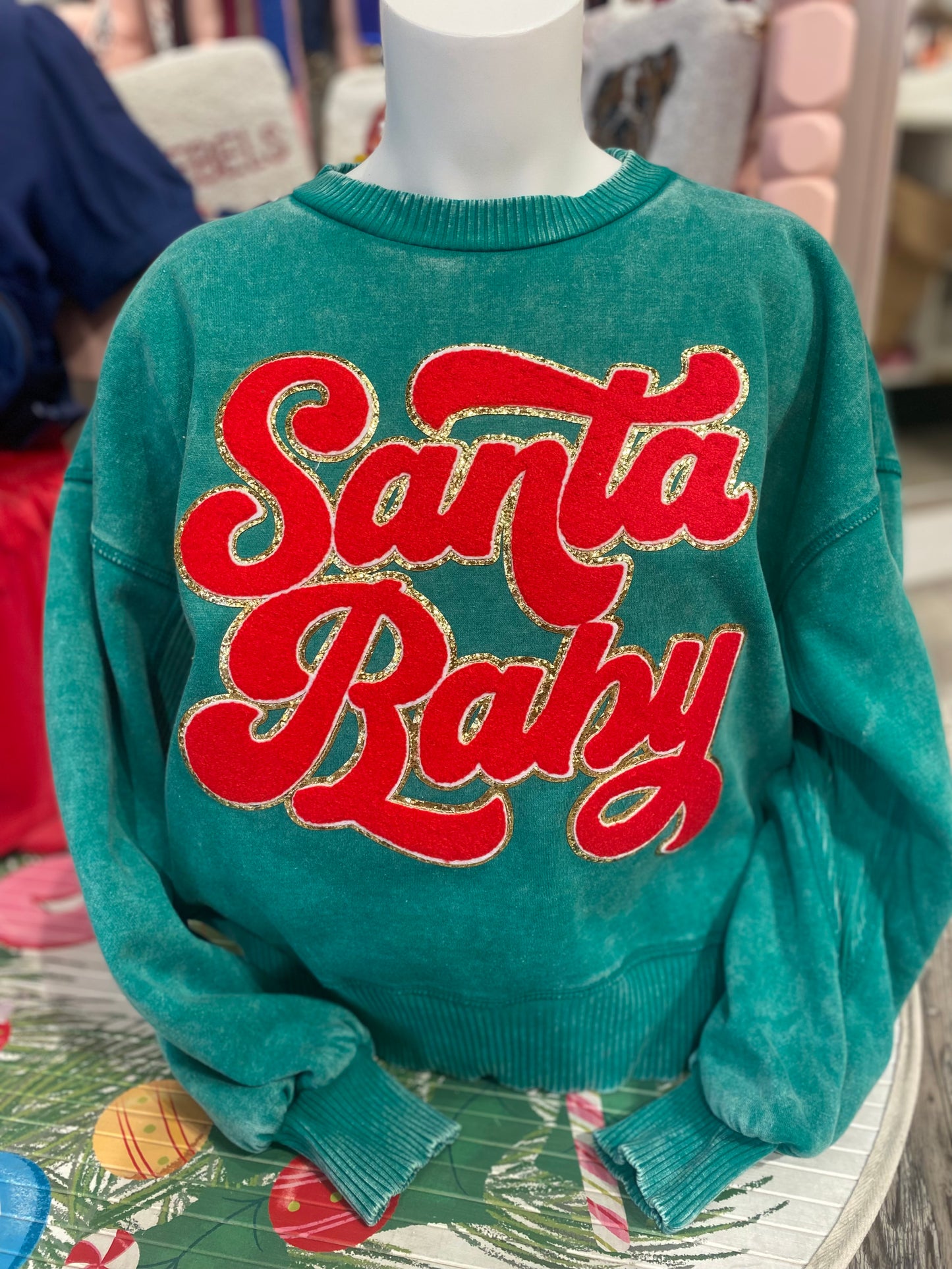 Santa Baby Chenille Patch Sweatshirt- apple green/red patch