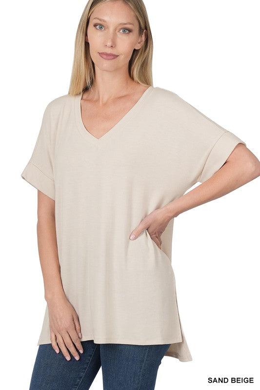 ROLLED SHORT SLEEVE V-NECK TOP WITH SIDE SLIT HIGH-LOW HEM
TOTAL BODY LENGTH: 28"(FRONT), BUST: 43" approx.
- MEASURED FROM SMALL
* COLOR MAY VARY SLIGHTLY DUE TO MONITOR RESOLUTION
Fabric Contents:
Made in:
L