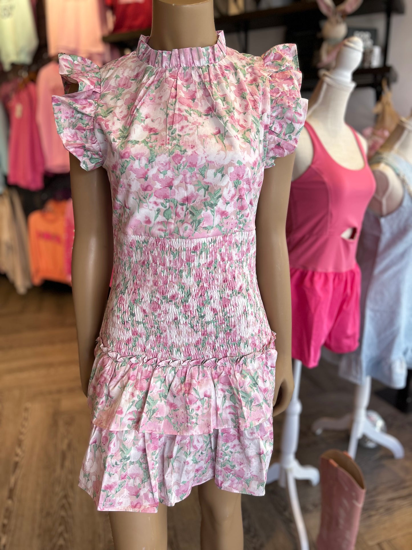 Pink Floral Print Smocked Dress