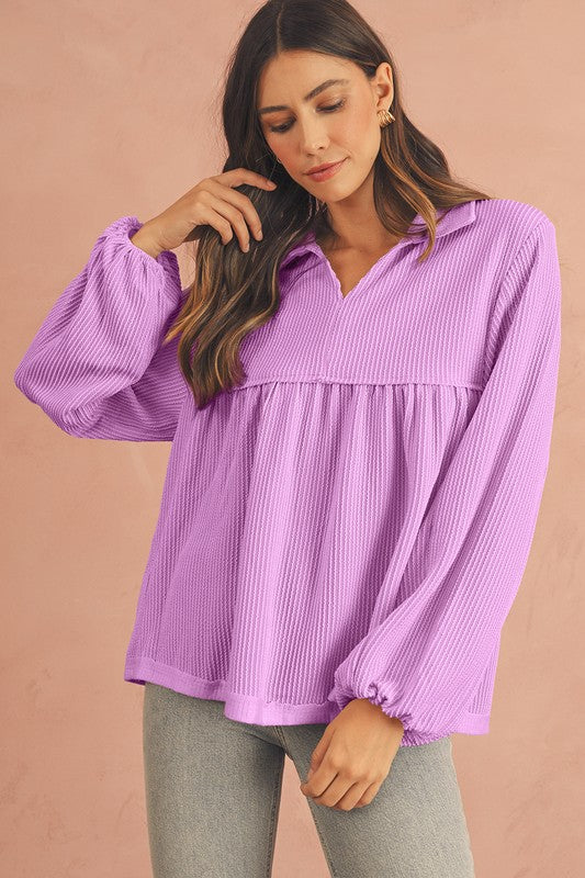 Texture V-Neck Bubble Sleeve Flowy Blouse