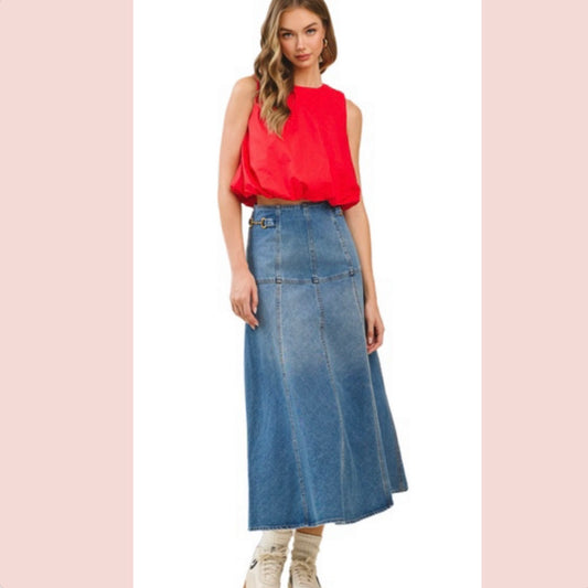 High Waisted Paneled A Line Denim Midi Skirt