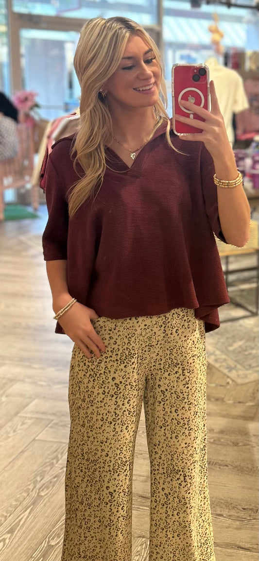 Cloudy Knit Collared Flared Semi Crop Top