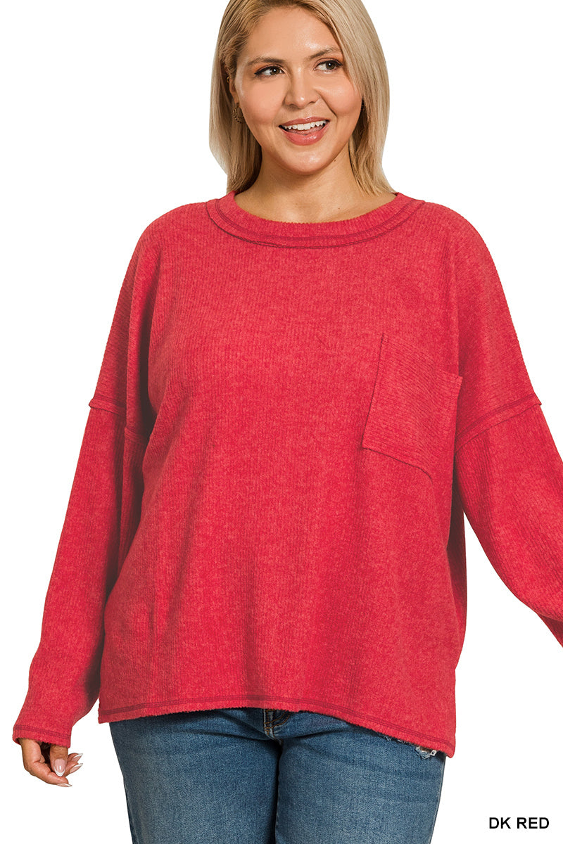 PLUS RIBBED BRUSHED MELANGE HACCI SWEATER W POCKET
