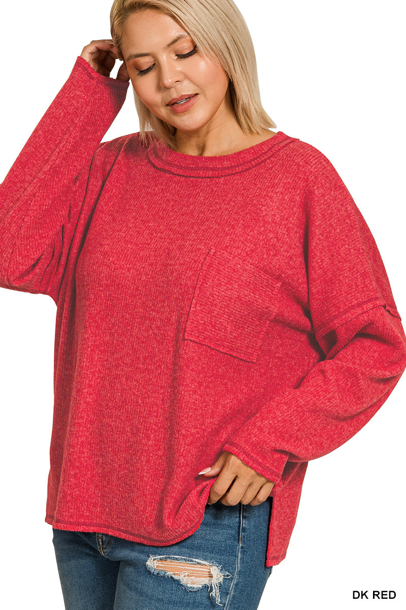 PLUS RIBBED BRUSHED MELANGE HACCI SWEATER W POCKET