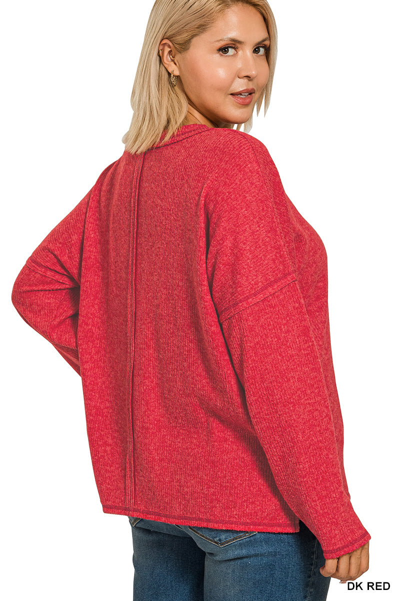 PLUS RIBBED BRUSHED MELANGE HACCI SWEATER W POCKET