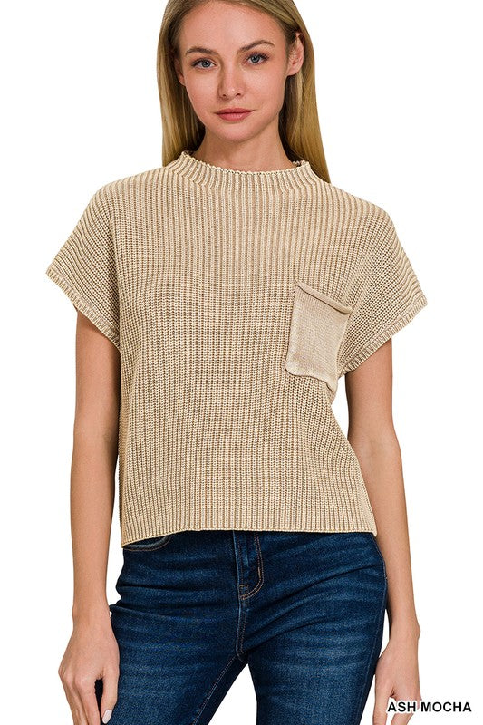 WASHED MOCK SHORT SLEEVE CROPPED SWEATER