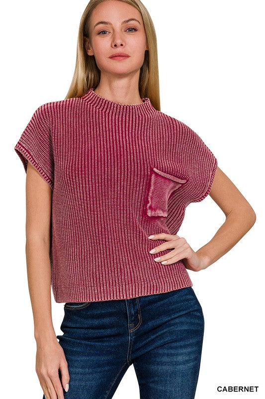 WASHED MOCK SHORT SLEEVE CROPPED SWEATER