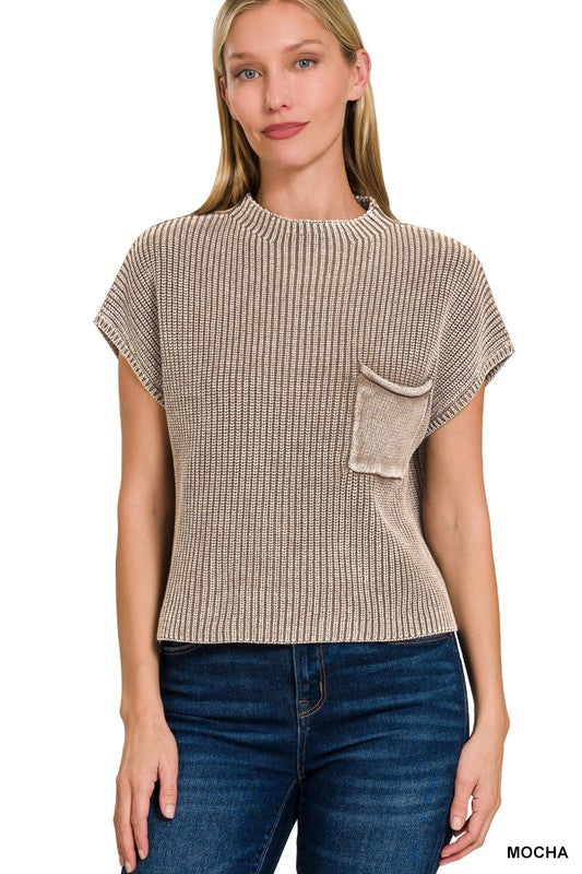 WASHED MOCK SHORT SLEEVE CROPPED SWEATER