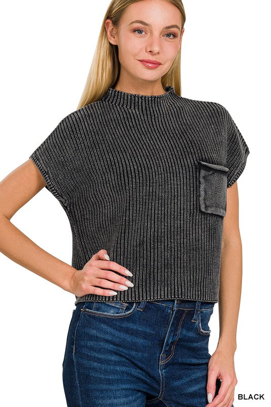 WASHED MOCK SHORT SLEEVE CROPPED SWEATER