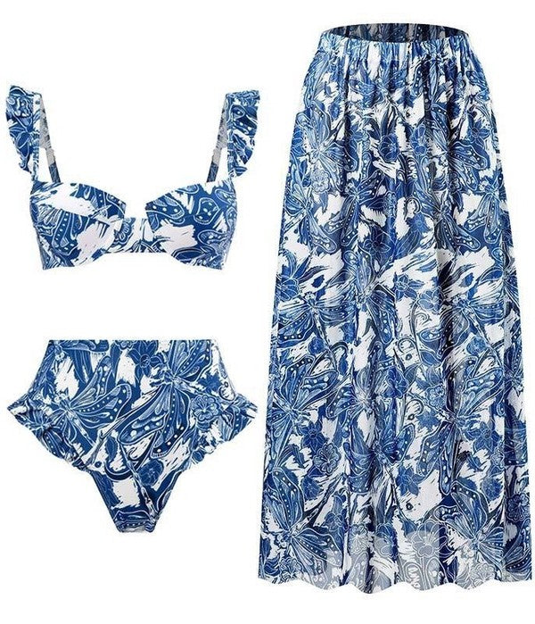 3-Piece Floral Print Bikini Swimsuits with Cover Up