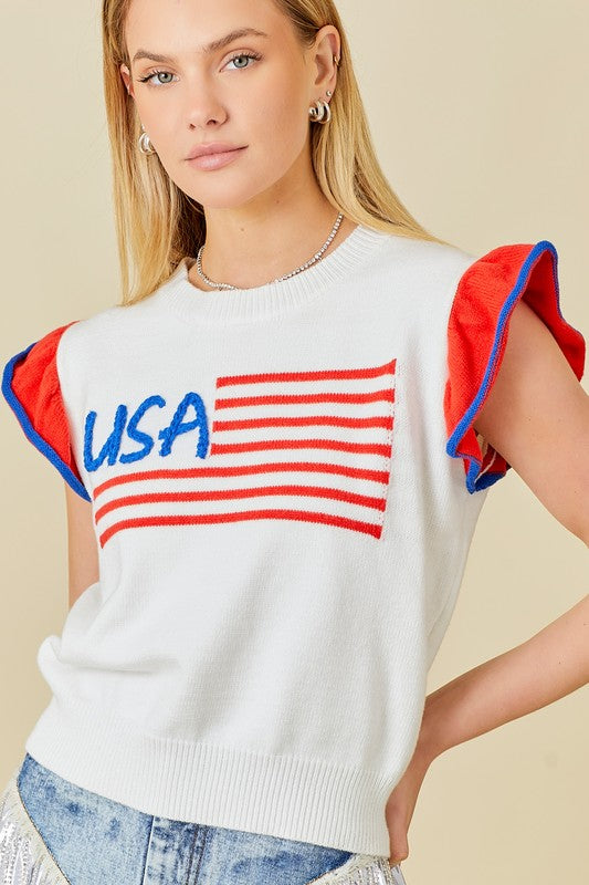 "USA" Flag Embroidered Sleevless Ruffle Sweater