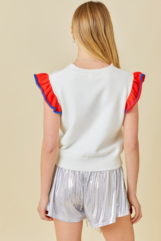 "USA" Flag Embroidered Sleevless Ruffle Sweater