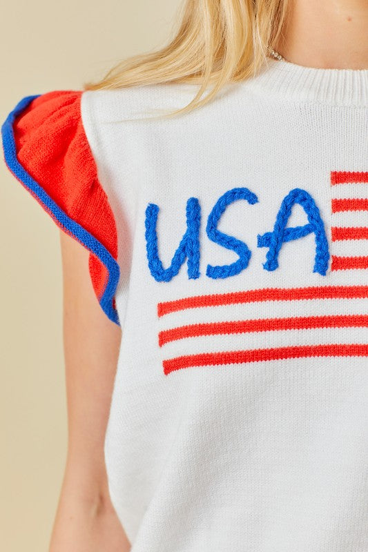 "USA" Flag Embroidered Sleevless Ruffle Sweater