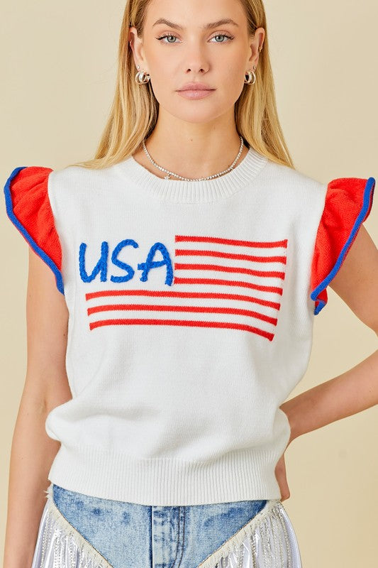 "USA" Flag Embroidered Sleevless Ruffle Sweater