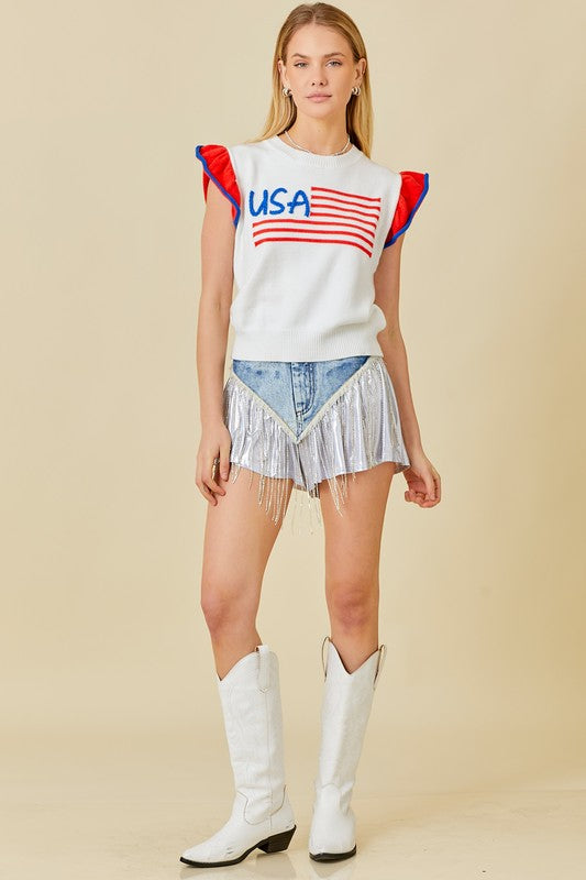 "USA" Flag Embroidered Sleevless Ruffle Sweater