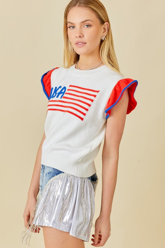 "USA" Flag Embroidered Sleevless Ruffle Sweater