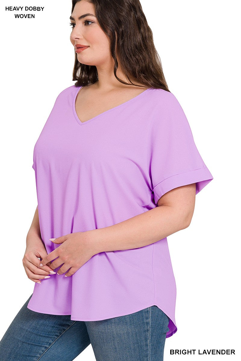 Plus woven heavy dobby rolled sleeve v neck top