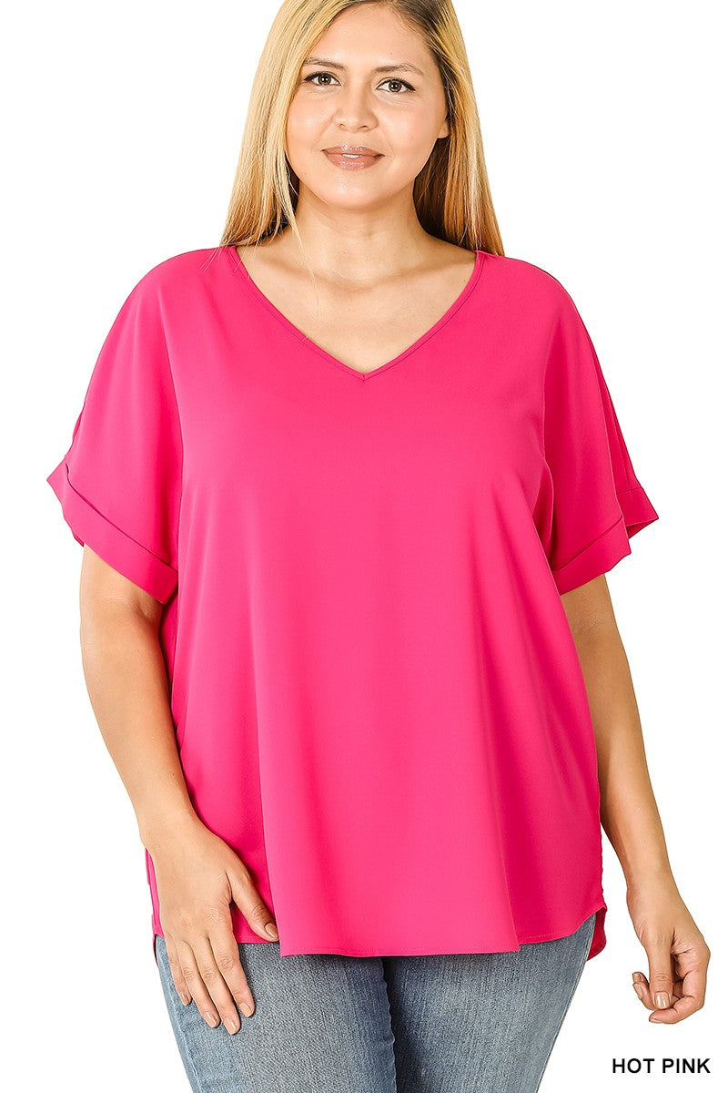 Plus woven heavy dobby rolled sleeve v neck top